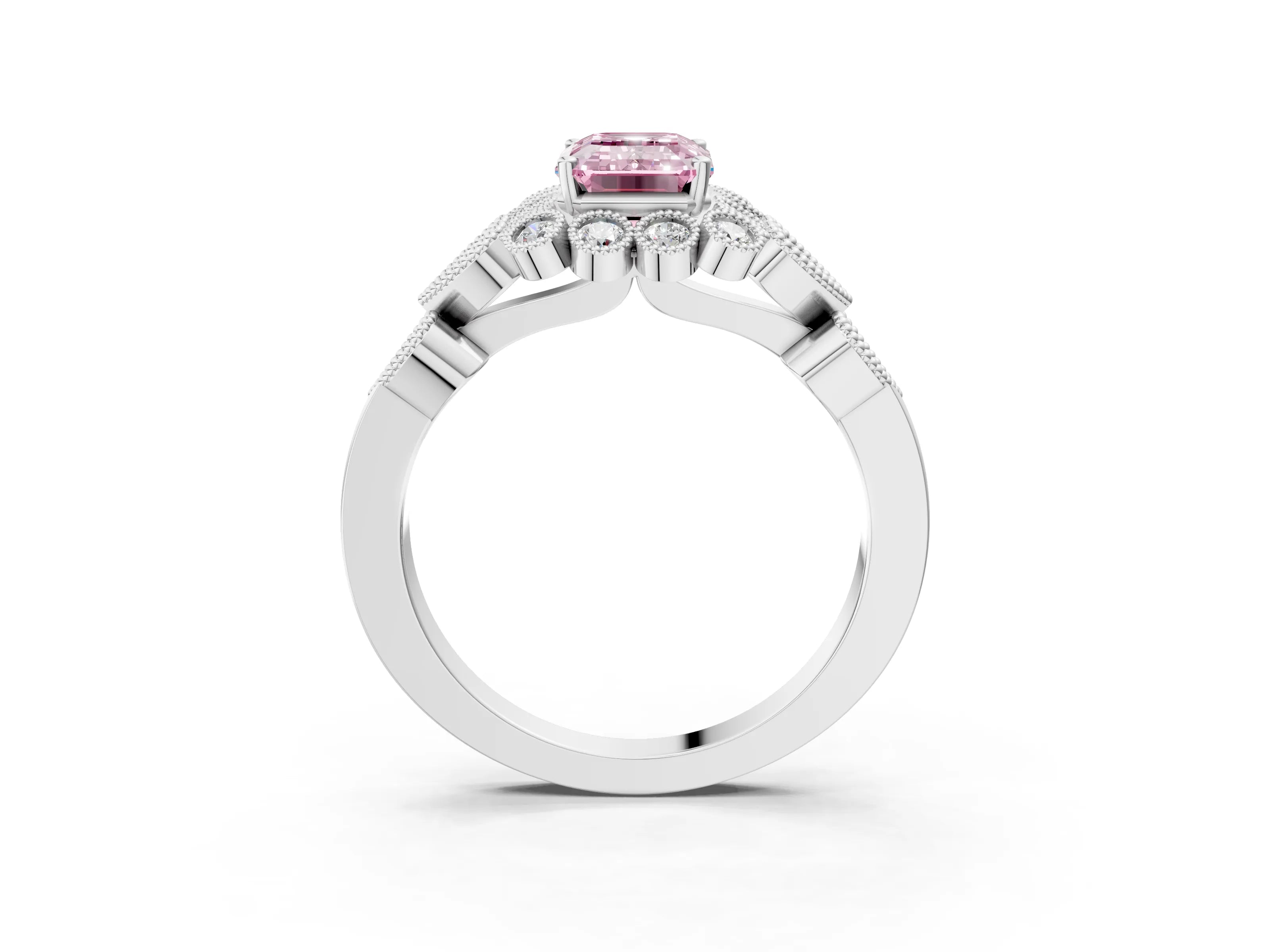 White gold Fancy Pink Emerald Cut Brilliant Milgrain Pave Heart Band Solitaire Ring_3