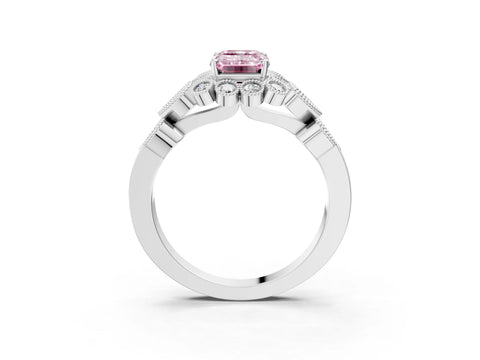White gold Fancy Pink Emerald Cut Brilliant Milgrain Pave Heart Band Solitaire Ring_3