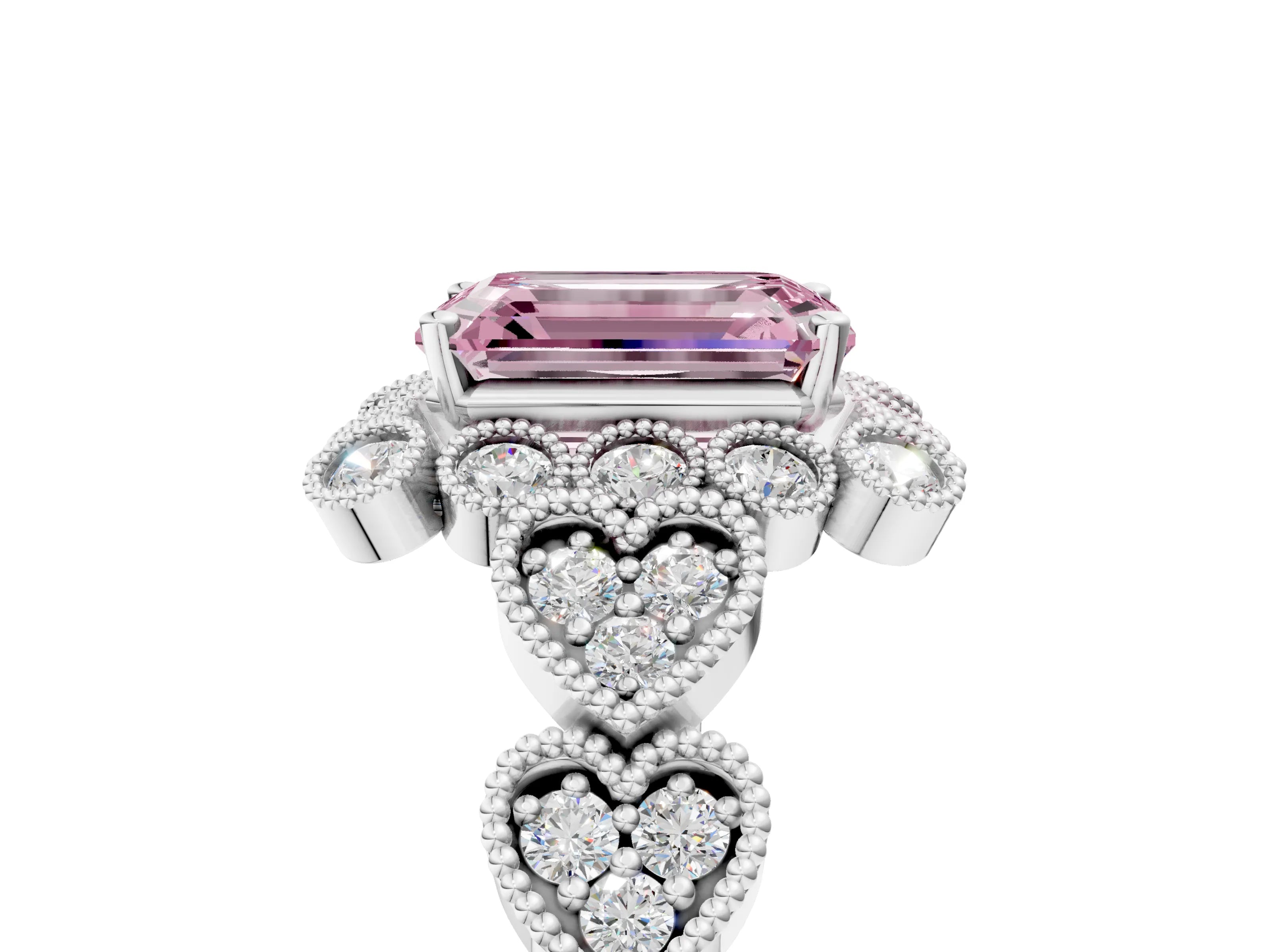 White gold Fancy Pink Emerald Cut Brilliant Milgrain Pave Heart Band Solitaire Ring_5