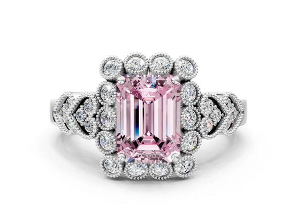 Platinum Fancy Pink Emerald Cut Brilliant Milgrain Pave Heart Band Solitaire Ring