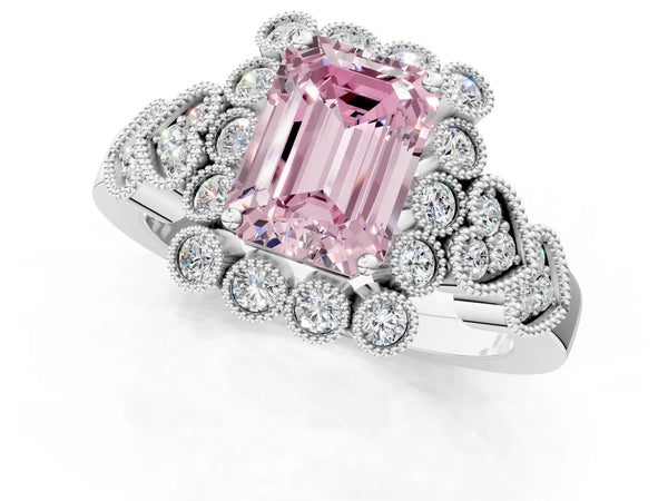 Platinum Fancy Pink Emerald Cut Brilliant Milgrain Pave Heart Band Solitaire Ring
