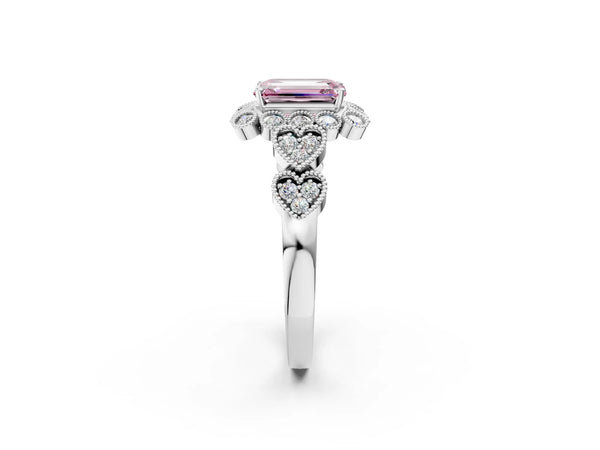 Platinum Fancy Pink Emerald Cut Brilliant Milgrain Pave Heart Band Solitaire Ring