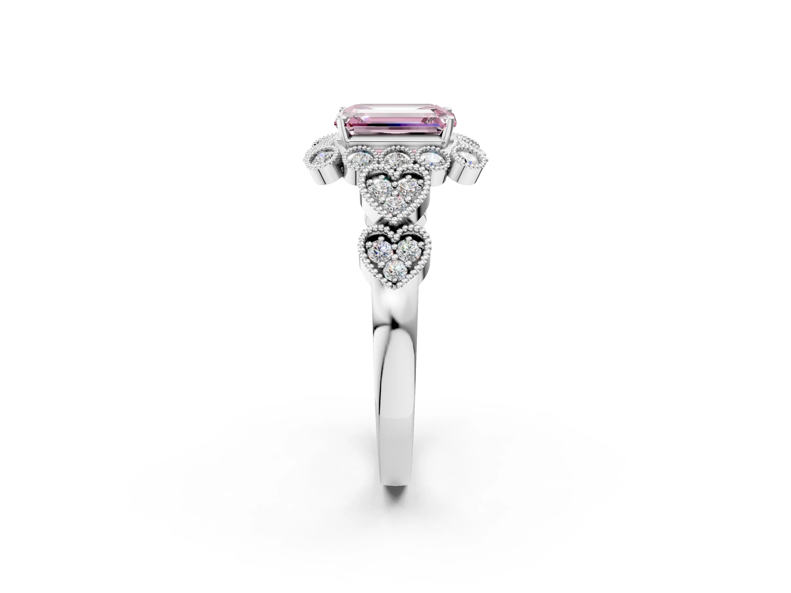White gold Fancy Pink Emerald Cut Brilliant Milgrain Pave Heart Band Solitaire Ring_8