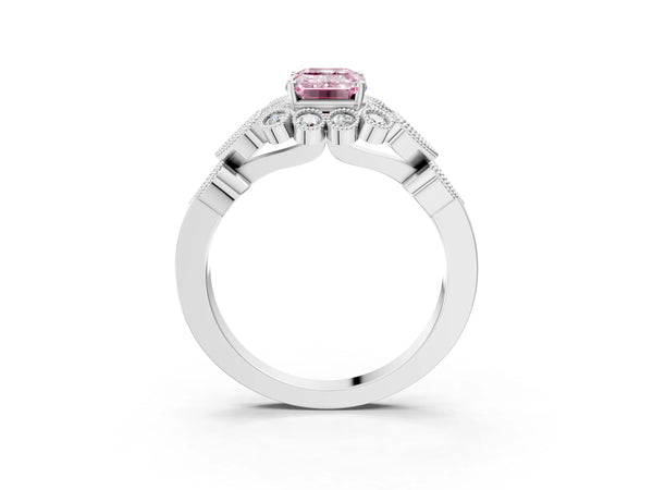 Platinum Fancy Pink Emerald Cut Brilliant Milgrain Pave Heart Band Solitaire Ring
