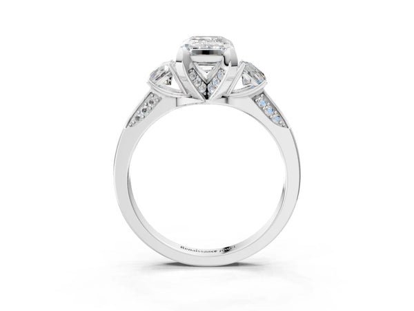White gold Fancy Pink Emerald Cut Brilliant Three-Stone Diamond Ring with Pavé Band and Four-Prong Setting
