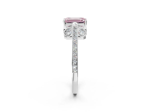 Platinum Fancy Pink Emerald  Cut Cathedral Pave Diamond Engagement Ring with Six-Prong Setting