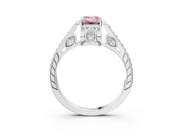 Platinum Fancy Pink Emerald  Cut Cathedral Pave Diamond Engagement Ring with Six-Prong Setting