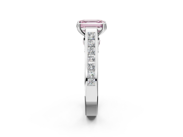 Sterling Silver Emerald Cut Channel Set Solitaire Engagement Ring Setting for Fancy Pink Center with Double Claw Prongs