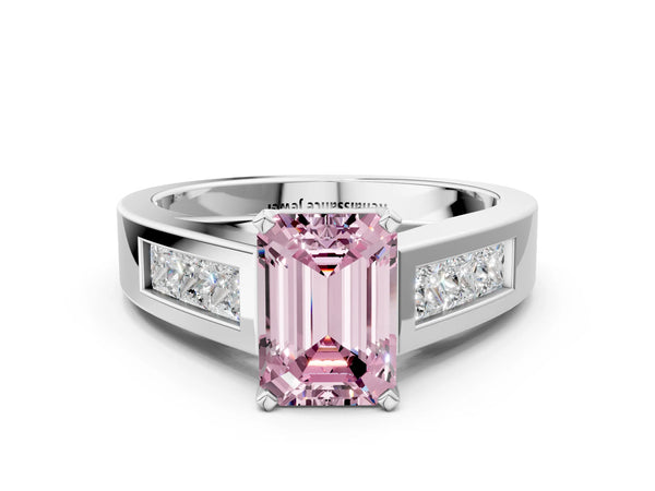 Platinum Fancy Pink Emerald Cut Cut Channel Set Solitaire Ring with Four-Prong Setting