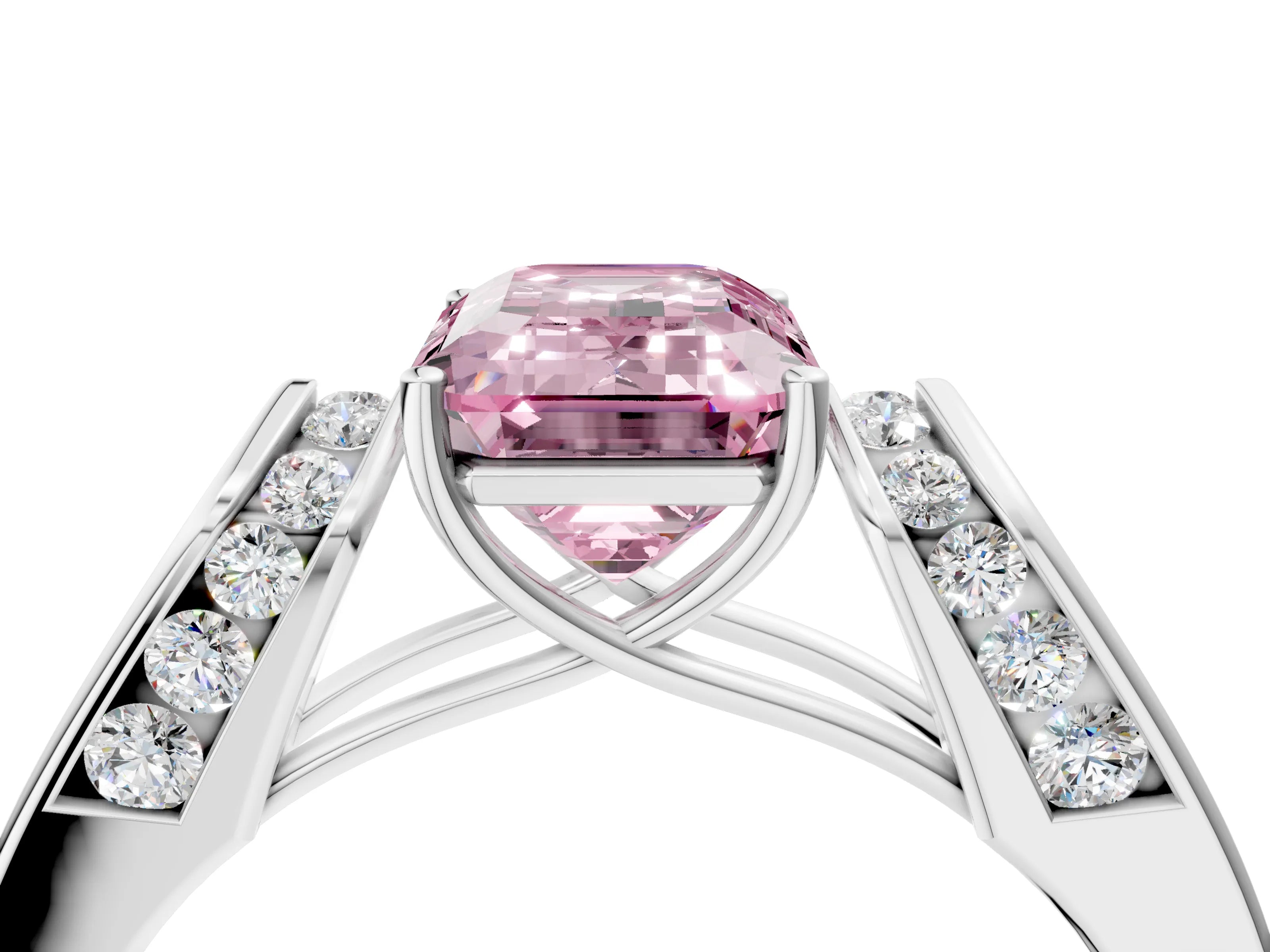 White gold Fancy Pink Emerald Cut Cut Diamond Channel Set Solitaire Ring with Four-Prong Setting_148