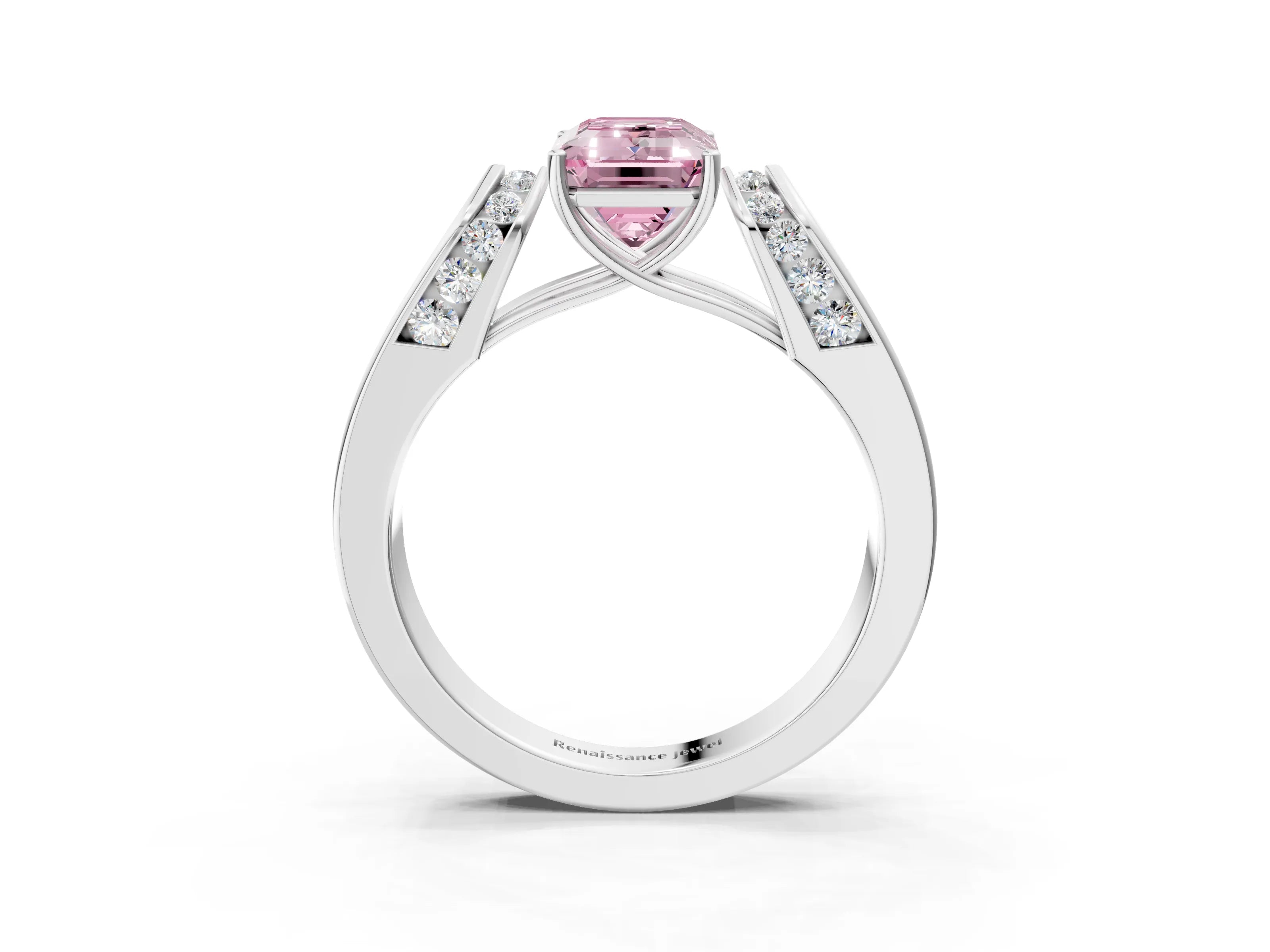 White gold Fancy Pink Emerald Cut Cut Diamond Channel Set Solitaire Ring with Four-Prong Setting_3