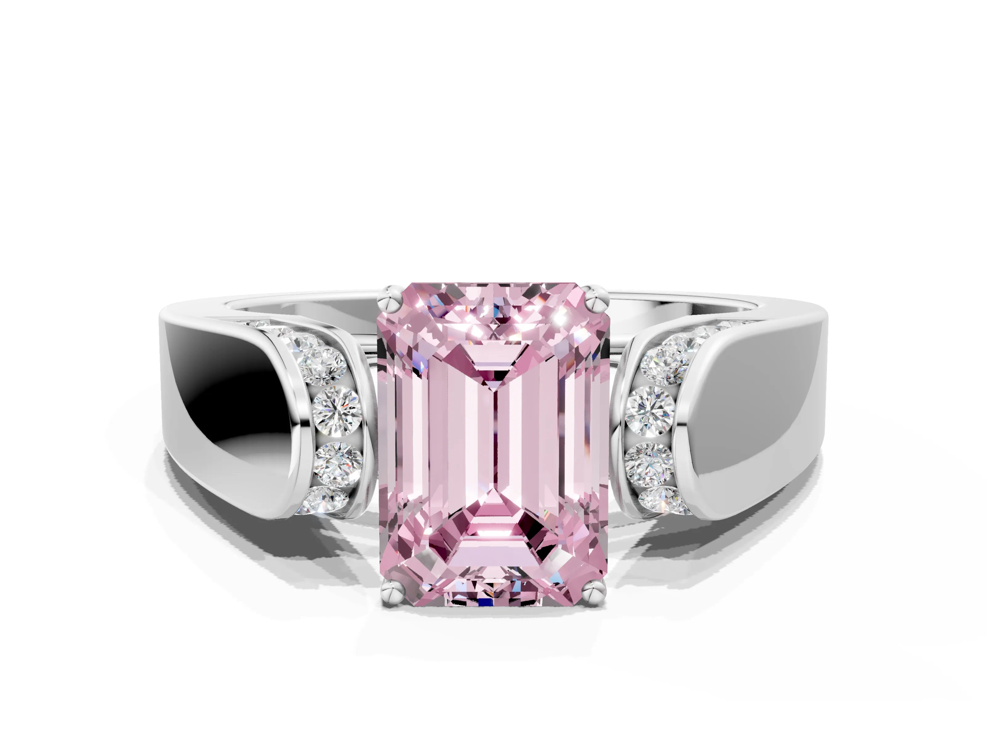 White gold Fancy Pink Emerald Cut Cut Diamond Channel Set Solitaire Ring with Four-Prong Setting