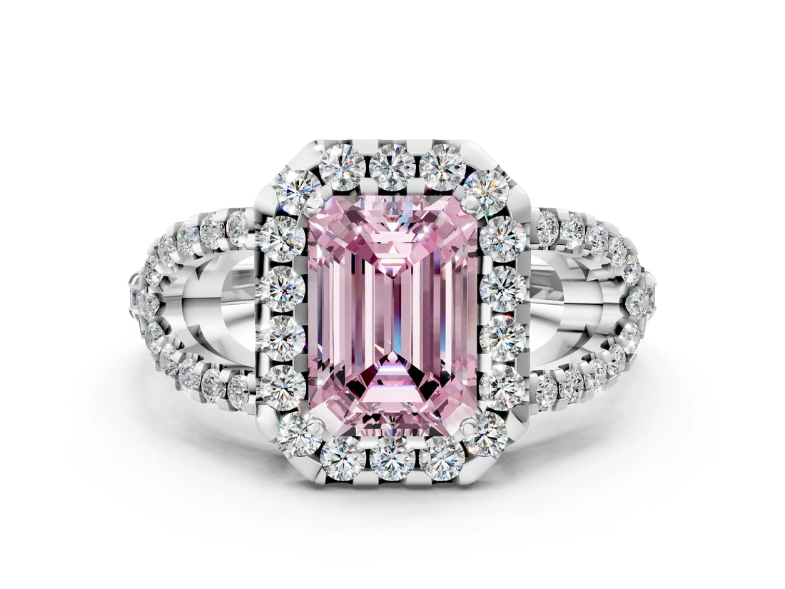 White gold Fancy Pink Emerald Cut Cut Diamond Halo Engagement Ring with Open Split Pavé Band