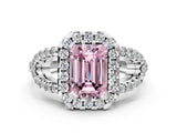 White gold Fancy Pink Emerald Cut Cut Diamond Halo Engagement Ring with Open Split Pavé Band