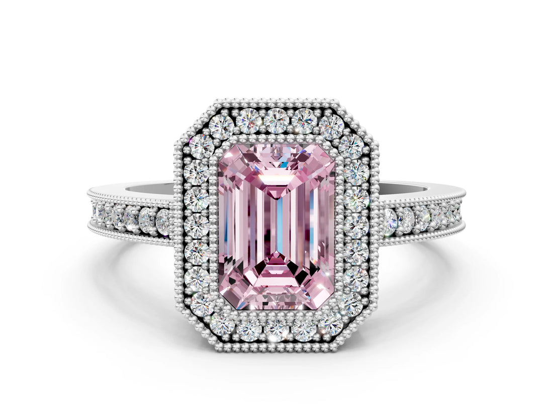 White gold Fancy Pink Emerald Cut-Cut Diamond Halo Engagement Ring with Pave Band and Prong Setting