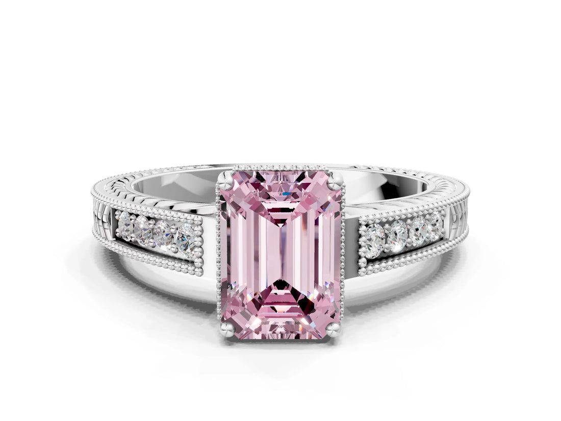 White gold Fancy Pink Emerald Cut Cut Diamond Milgrain Pave Band Four-Prong Setting Ring_15