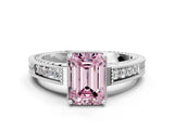 White gold Fancy Pink Emerald Cut Cut Diamond Milgrain Pave Band Four-Prong Setting Ring_15
