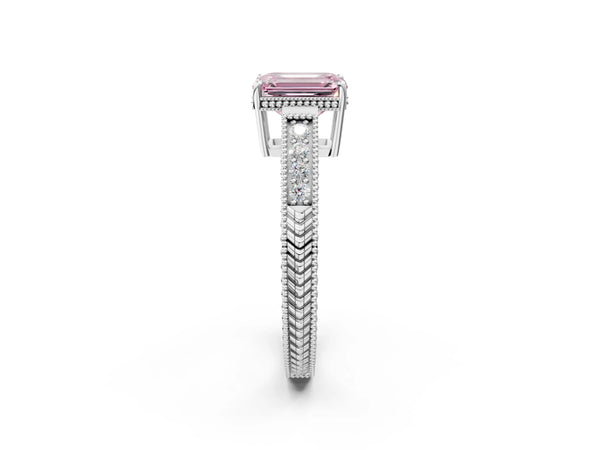 White gold Fancy Pink Emerald Cut Cut Diamond Milgrain Pave Band Four-Prong Setting Ring