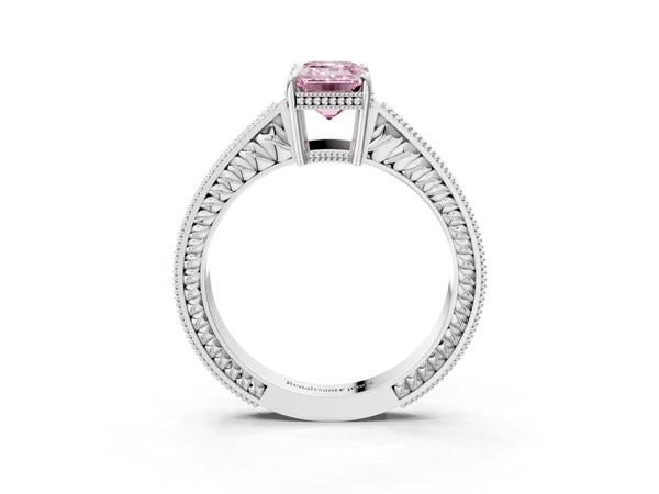 White gold Fancy Pink Emerald Cut Cut Diamond Milgrain Pave Band Four-Prong Setting Ring