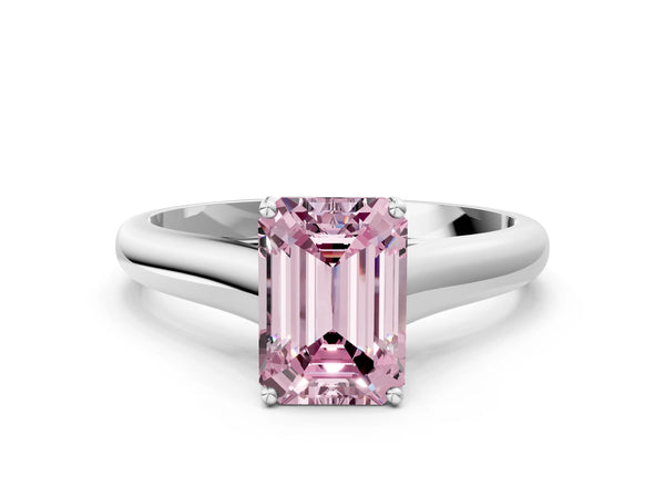 Platinum Fancy Pink Emerald Cut Cut Diamond Solitaire Engagement Ring with Tapered Plain Band and Four-Prong Setting