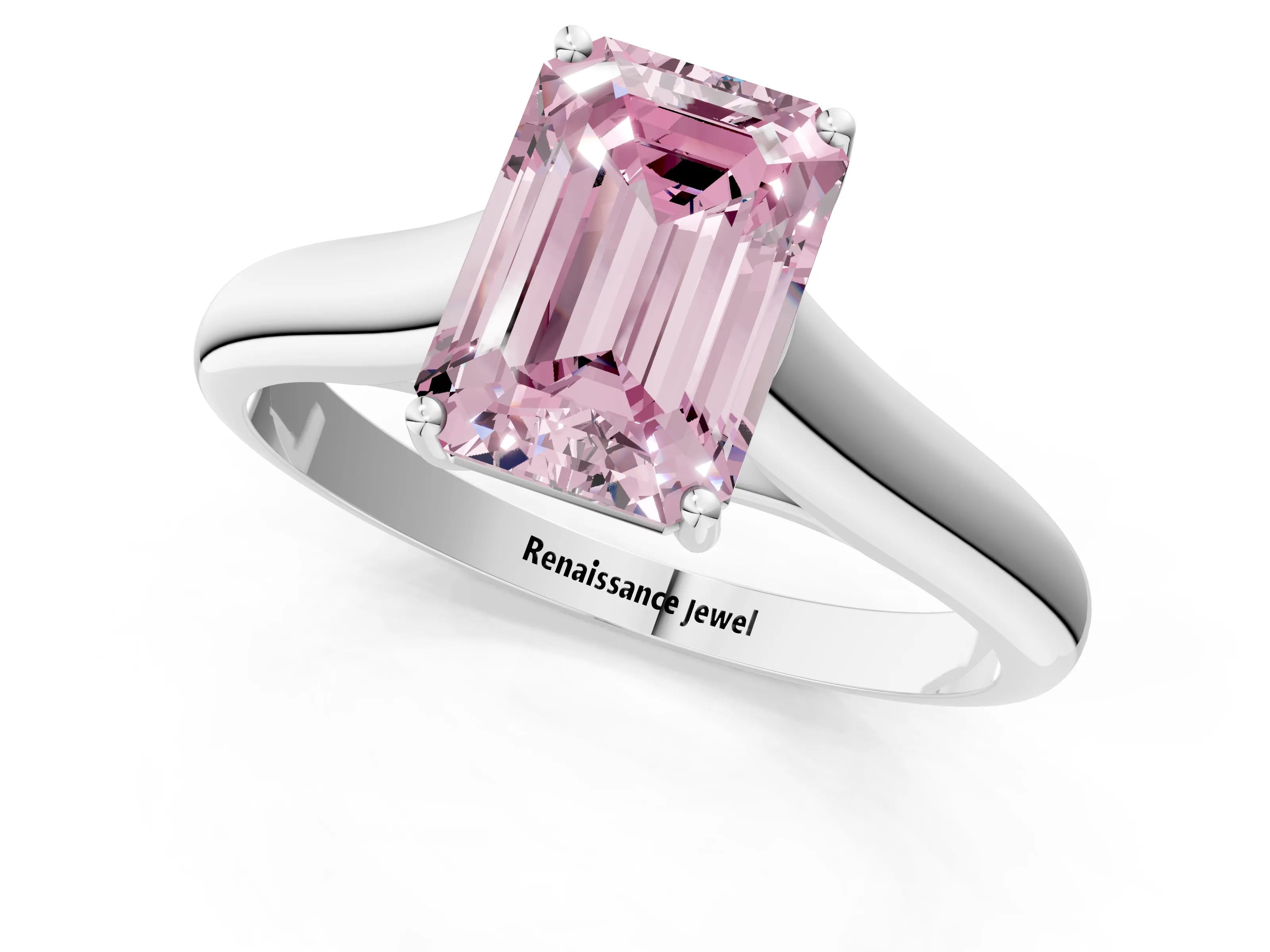 White gold Fancy Pink Emerald Cut Cut Diamond Solitaire Engagement Ring with Tapered Plain Band and Four-Prong Setting_25