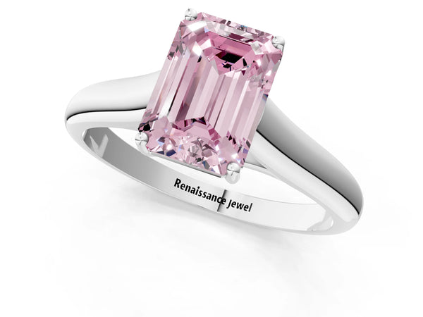 Platinum Fancy Pink Emerald Cut Cut Diamond Solitaire Engagement Ring with Tapered Plain Band and Four-Prong Setting