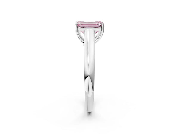 Platinum Fancy Pink Emerald Cut Cut Diamond Solitaire Engagement Ring with Tapered Plain Band and Four-Prong Setting