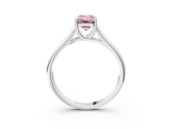 Platinum Fancy Pink Emerald Cut Cut Diamond Solitaire Engagement Ring with Tapered Plain Band and Four-Prong Setting
