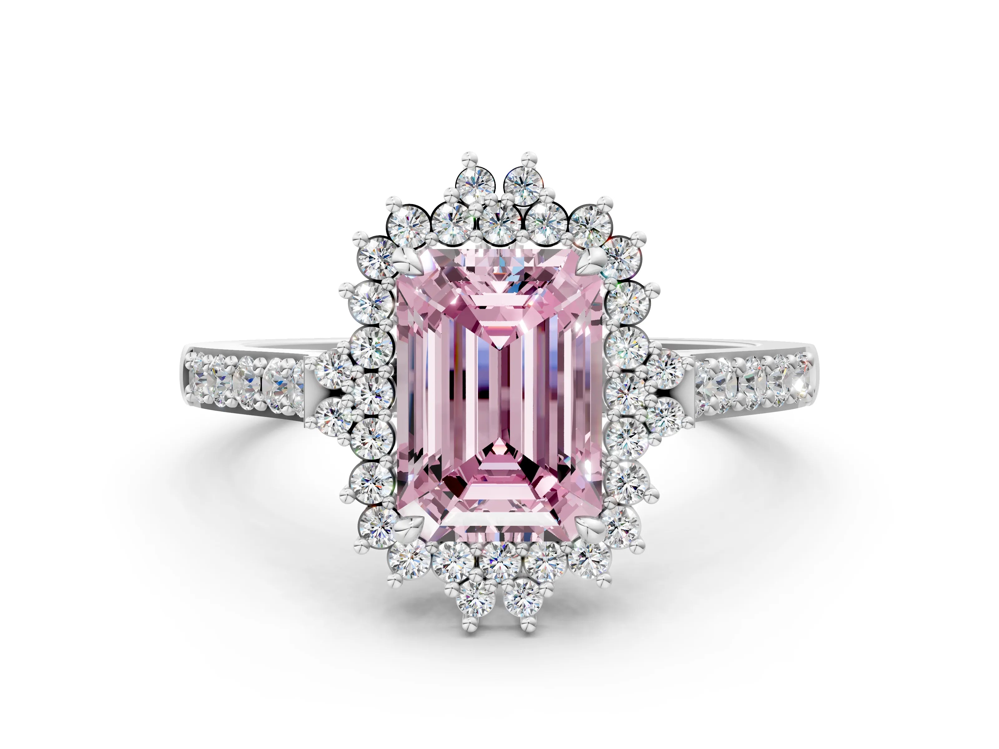 White gold Fancy Pink Emerald Cut Cut Diamond Sunburst Halo Engagement Ring with Pavé Band_12