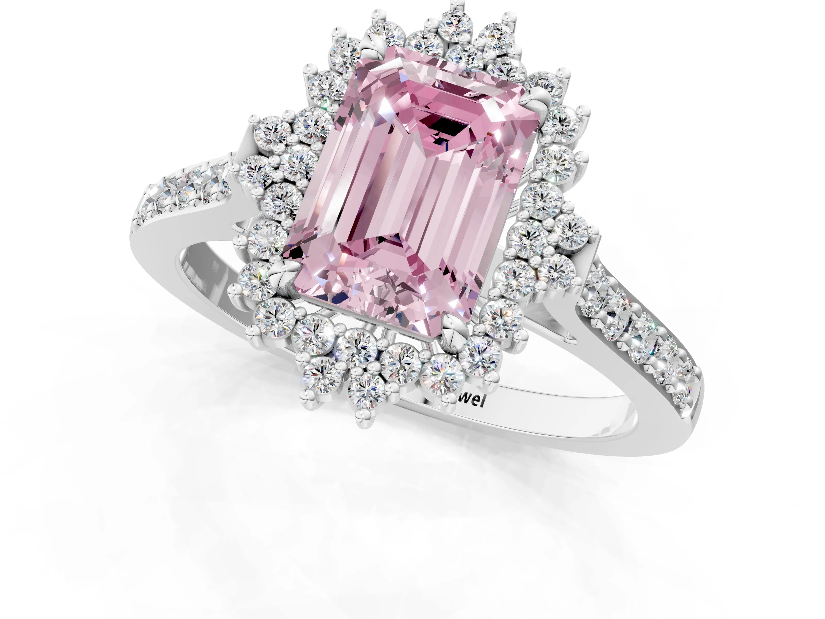 White gold Fancy Pink Emerald Cut Cut Diamond Sunburst Halo Engagement Ring with Pavé Band_13