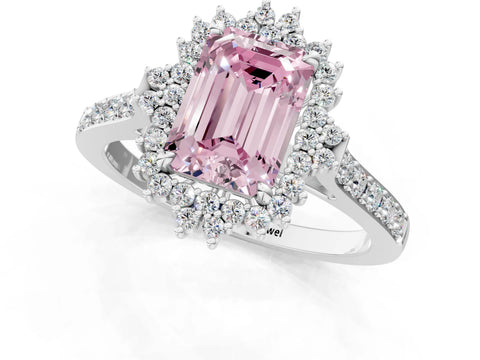 White gold Fancy Pink Emerald Cut Cut Diamond Sunburst Halo Engagement Ring with Pavé Band_13