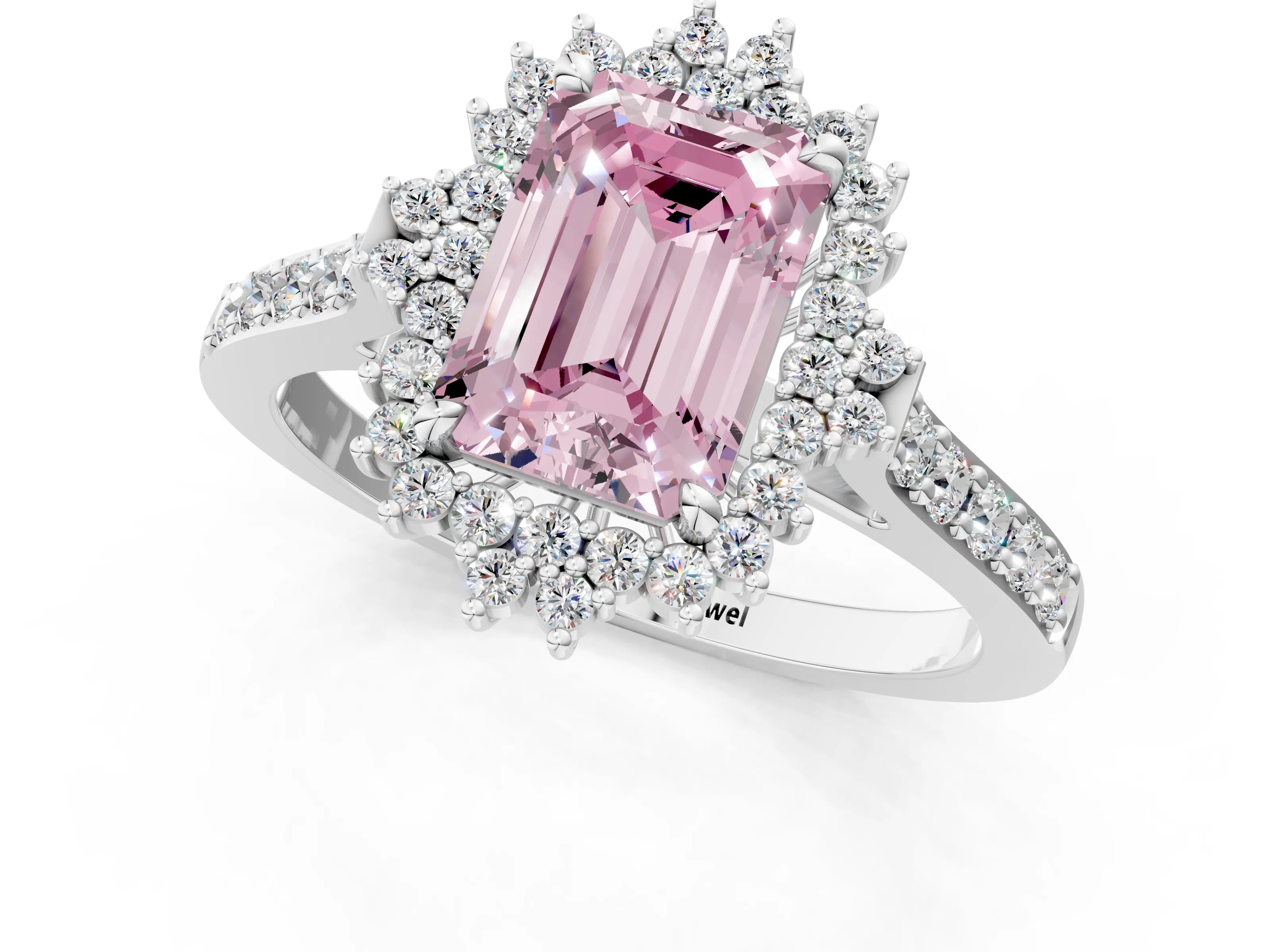 White gold Fancy Pink Emerald Cut Cut Diamond Sunburst Halo Engagement Ring with Pavé Band_1
