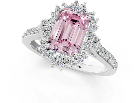 White gold Fancy Pink Emerald Cut Cut Diamond Sunburst Halo Engagement Ring with Pavé Band_1