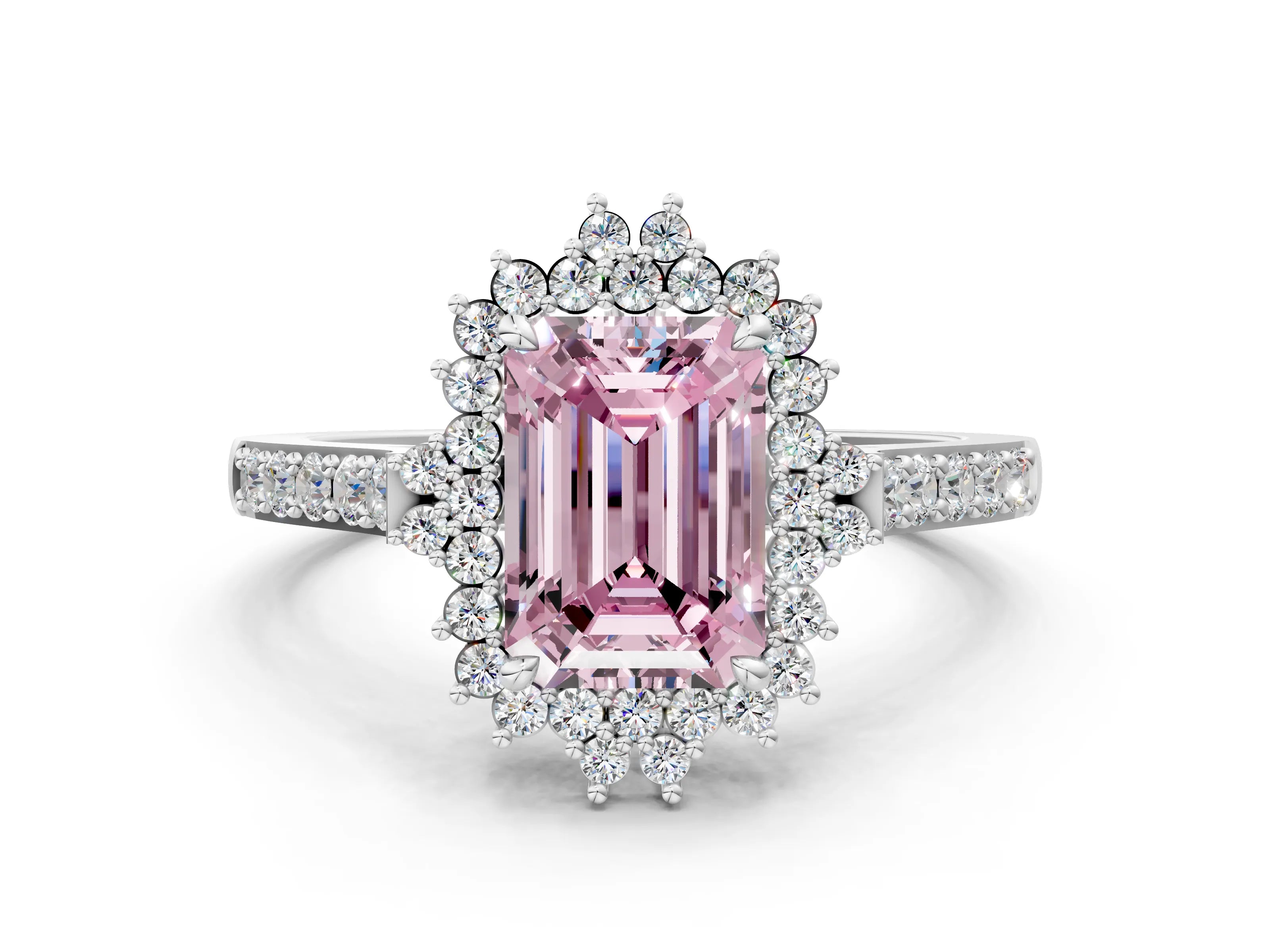 White gold Fancy Pink Emerald Cut Cut Diamond Sunburst Halo Engagement Ring with Pavé Band_24