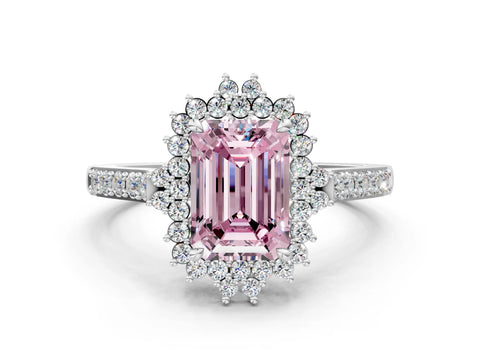 White gold Fancy Pink Emerald Cut Cut Diamond Sunburst Halo Engagement Ring with Pavé Band_24