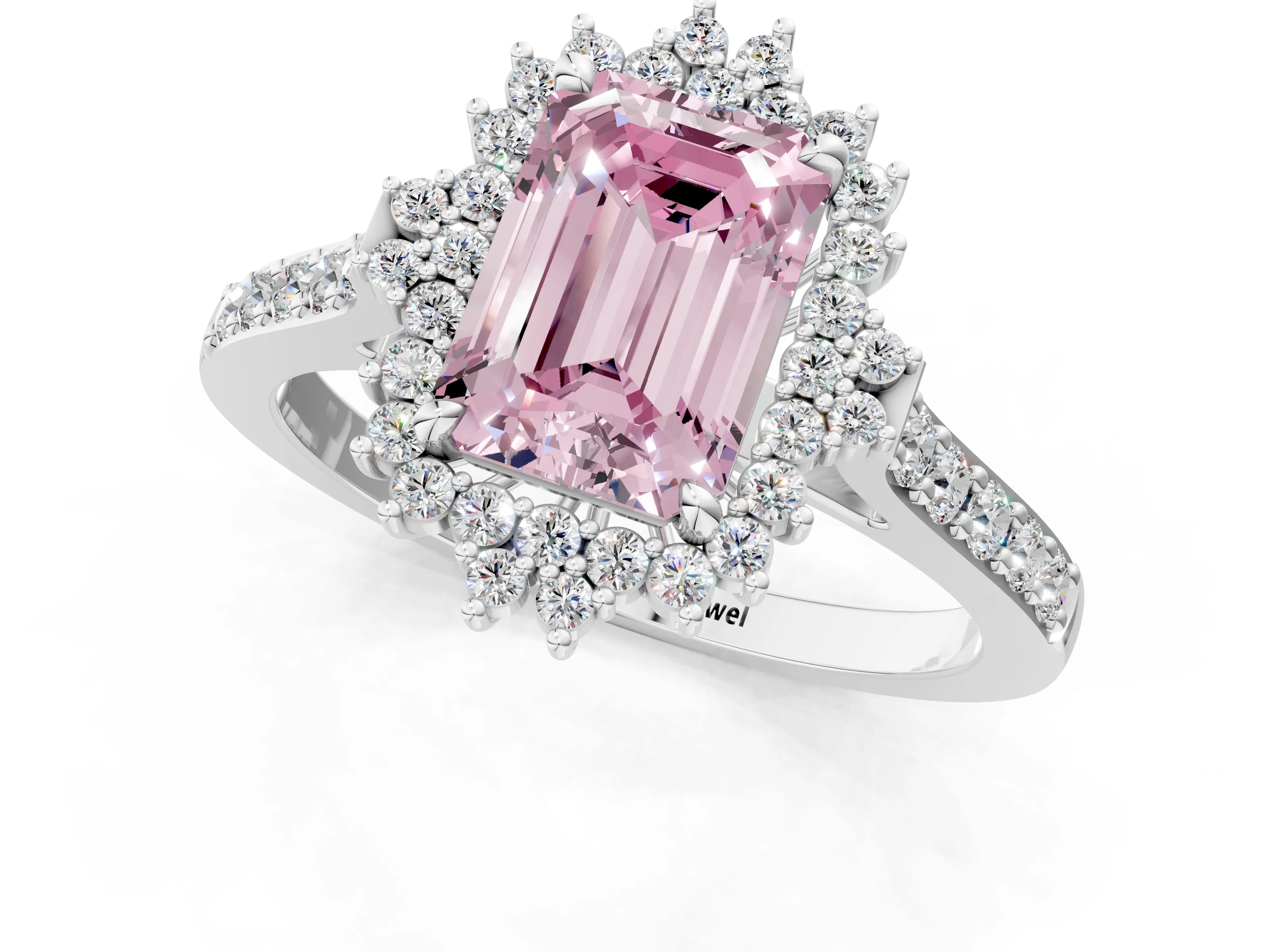 White gold Fancy Pink Emerald Cut Cut Diamond Sunburst Halo Engagement Ring with Pavé Band_25