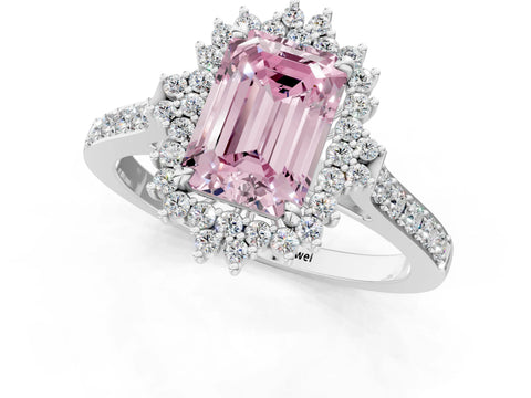 White gold Fancy Pink Emerald Cut Cut Diamond Sunburst Halo Engagement Ring with Pavé Band_25
