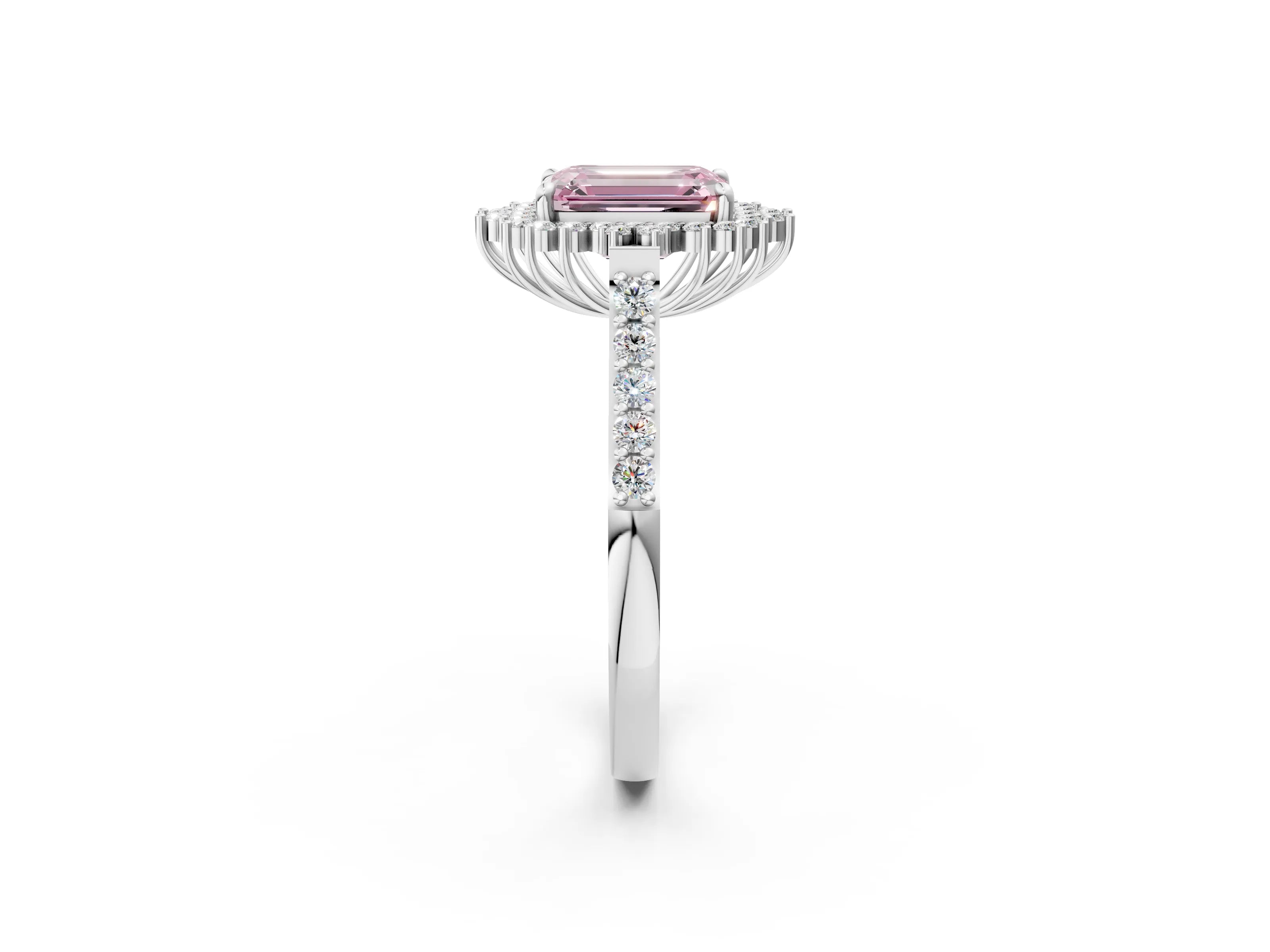 White gold Fancy Pink Emerald Cut Cut Diamond Sunburst Halo Engagement Ring with Pavé Band_26
