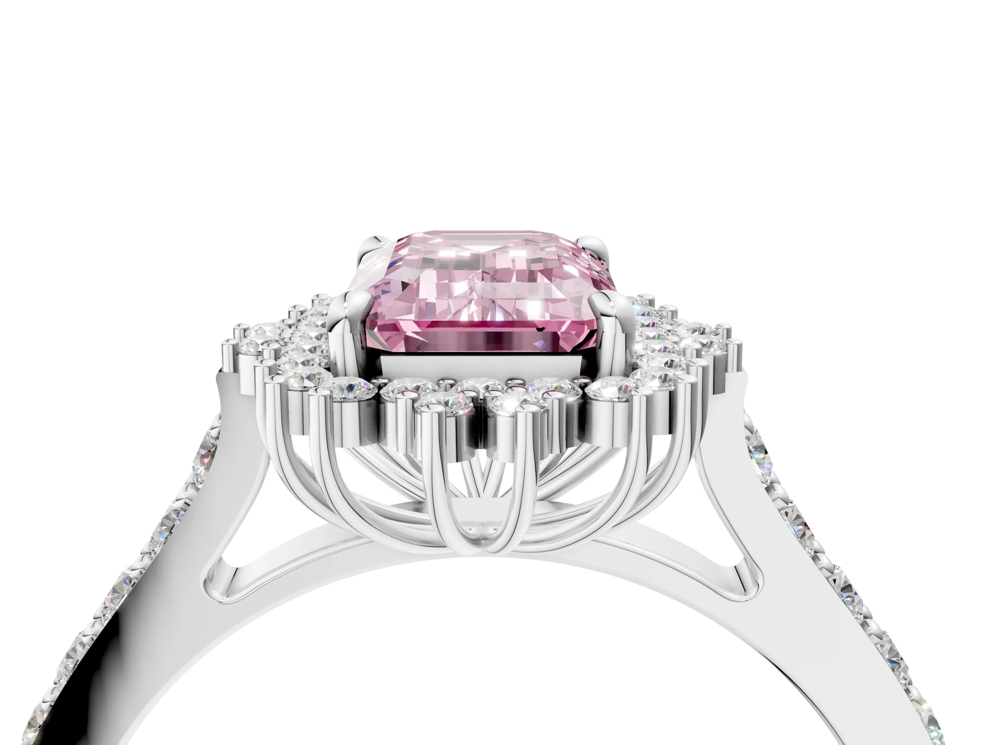 White gold Fancy Pink Emerald Cut Cut Diamond Sunburst Halo Engagement Ring with Pavé Band_28