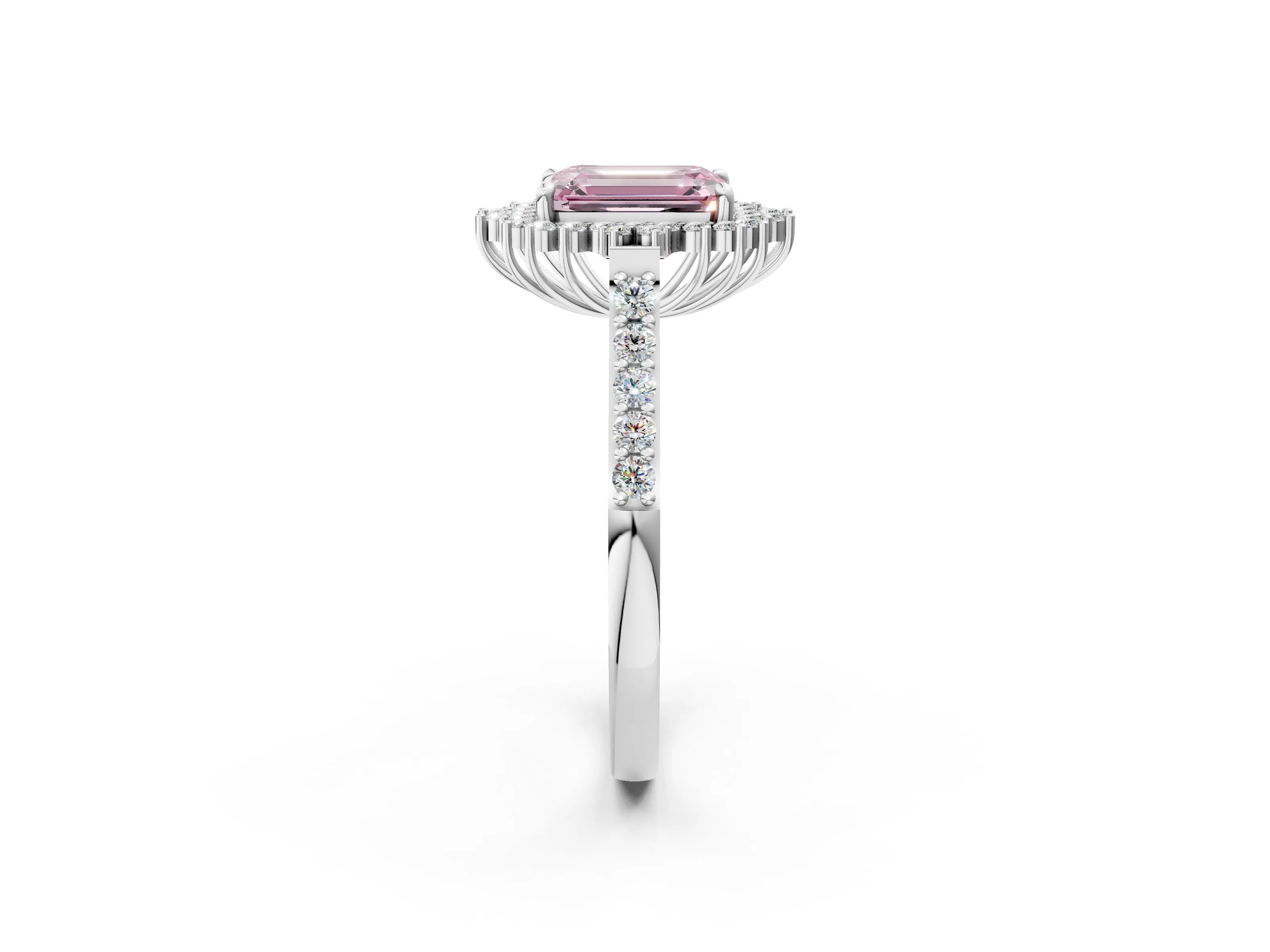 White gold Fancy Pink Emerald Cut Cut Diamond Sunburst Halo Engagement Ring with Pavé Band_2