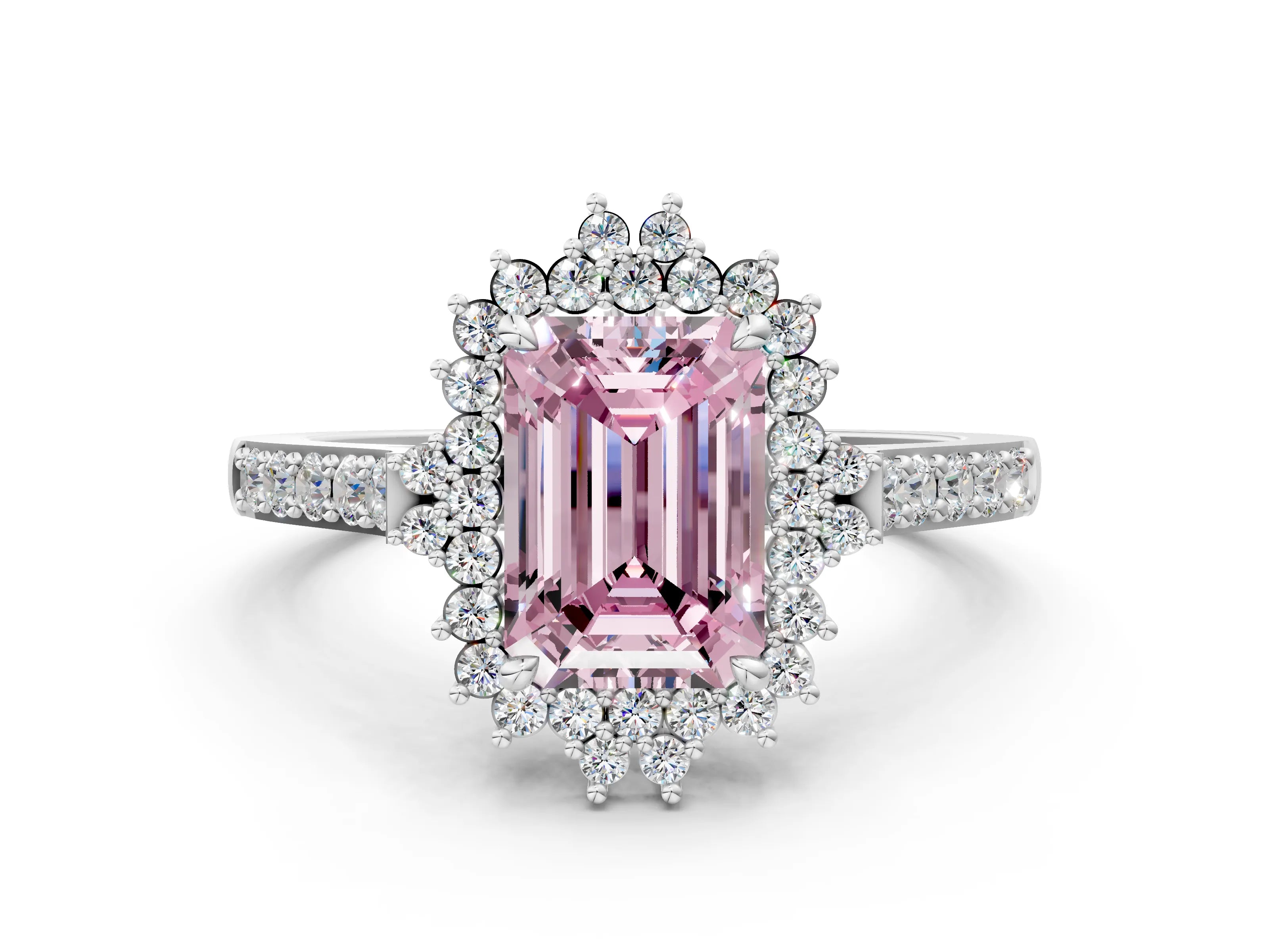 White gold Fancy Pink Emerald Cut Cut Diamond Sunburst Halo Engagement Ring with Pavé Band