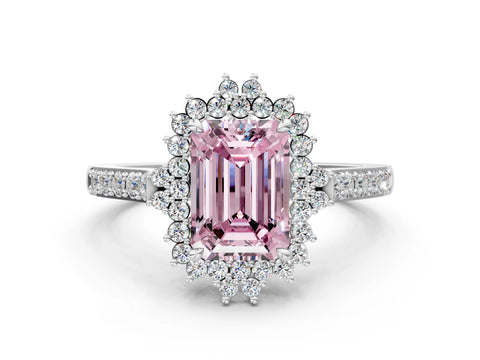 White gold Fancy Pink Emerald Cut Cut Diamond Sunburst Halo Engagement Ring with Pavé Band
