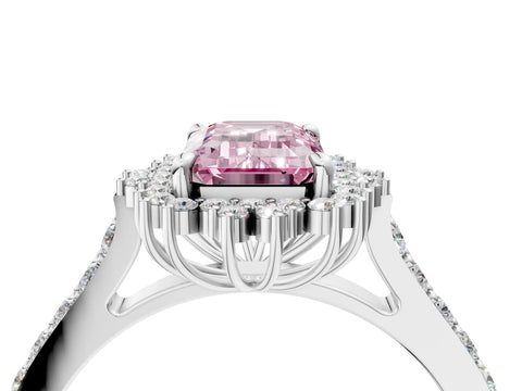White gold Fancy Pink Emerald Cut Cut Diamond Sunburst Halo Engagement Ring with Pavé Band_34