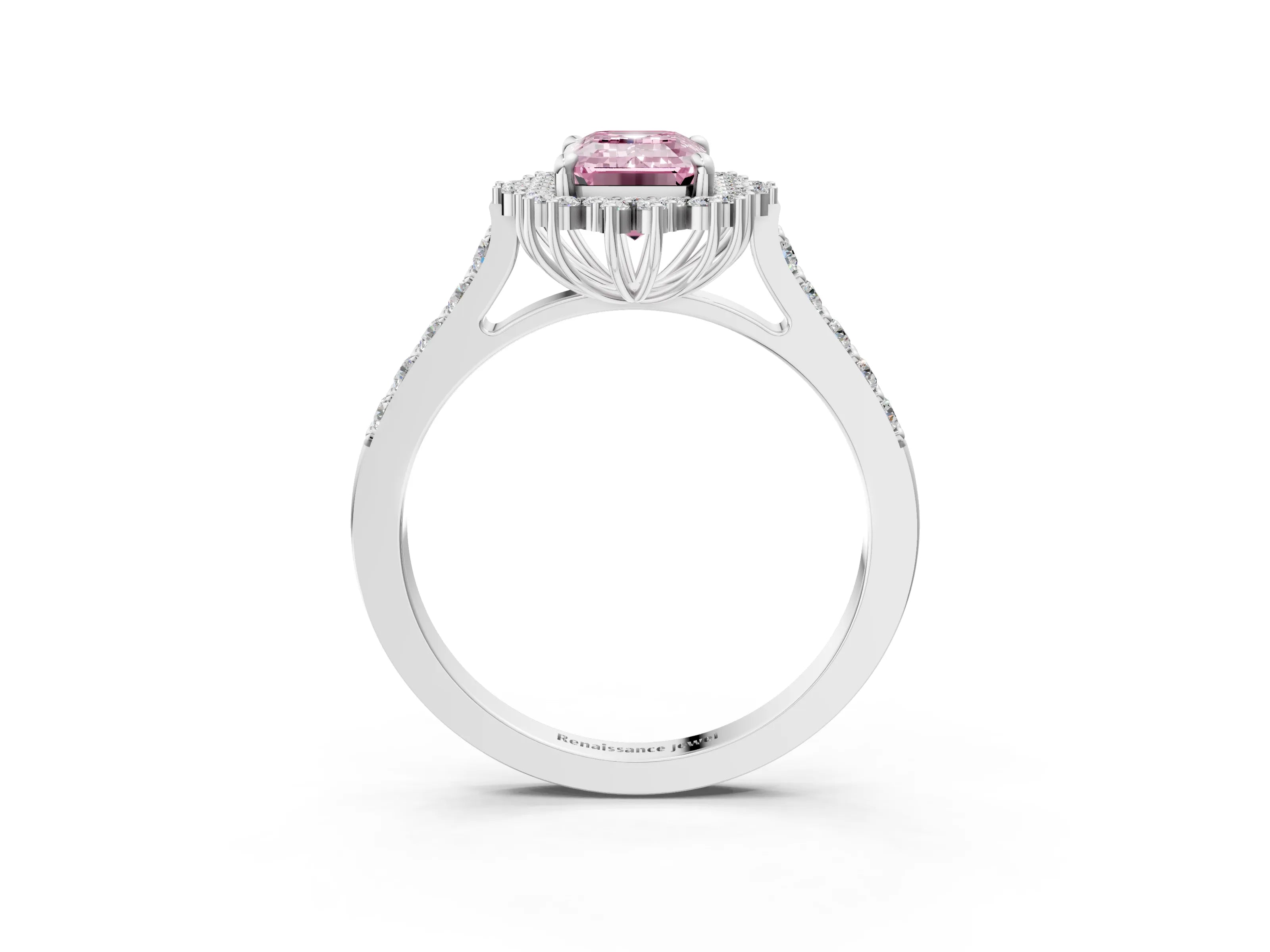 White gold Fancy Pink Emerald Cut Cut Diamond Sunburst Halo Engagement Ring with Pavé Band_3