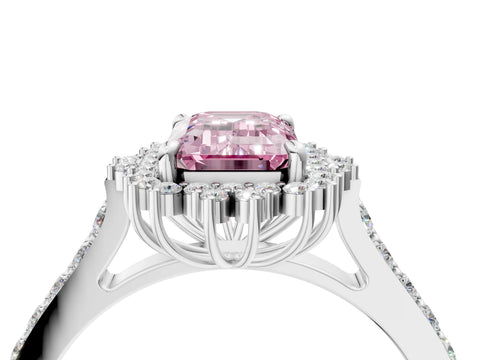 White gold Fancy Pink Emerald Cut Cut Diamond Sunburst Halo Engagement Ring with Pavé Band_4