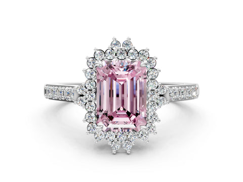 White gold Fancy Pink Emerald Cut Cut Diamond Sunburst Halo Engagement Ring with Pavé Band