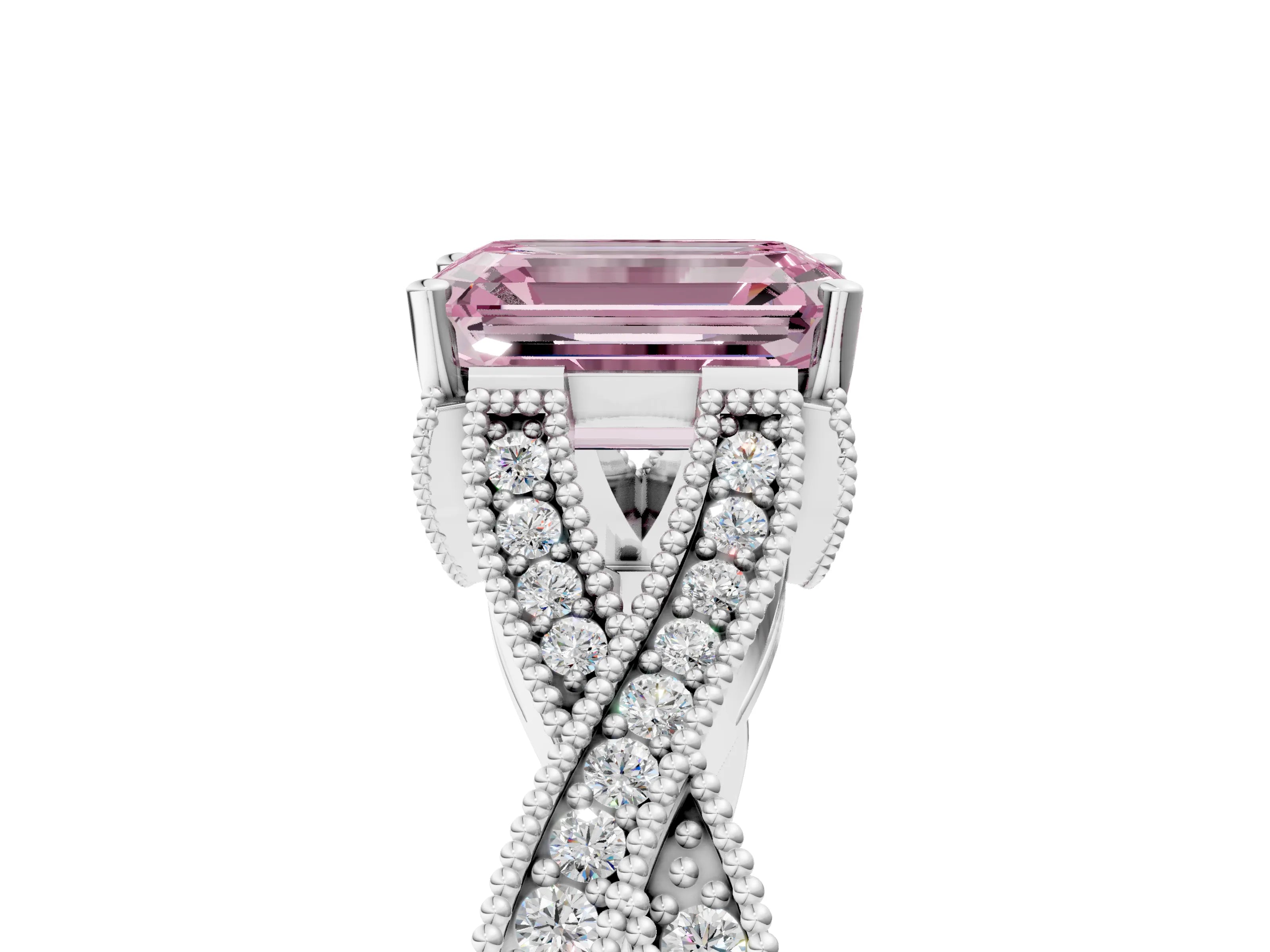 White gold Fancy Pink Emerald Cut Cut Diamond Twisted Band with Milgrain Pave Setting and Four-Prong Setting_12