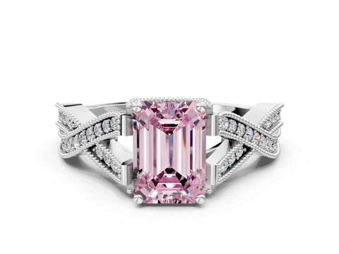 White gold Fancy Pink Emerald Cut Cut Diamond Twisted Band with Milgrain Pave Setting and Four-Prong Setting_12