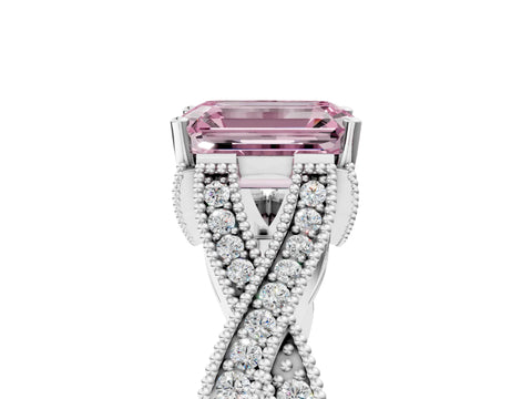 White gold Fancy Pink Emerald Cut Cut Diamond Twisted Band with Milgrain Pave Setting and Four-Prong Setting_12