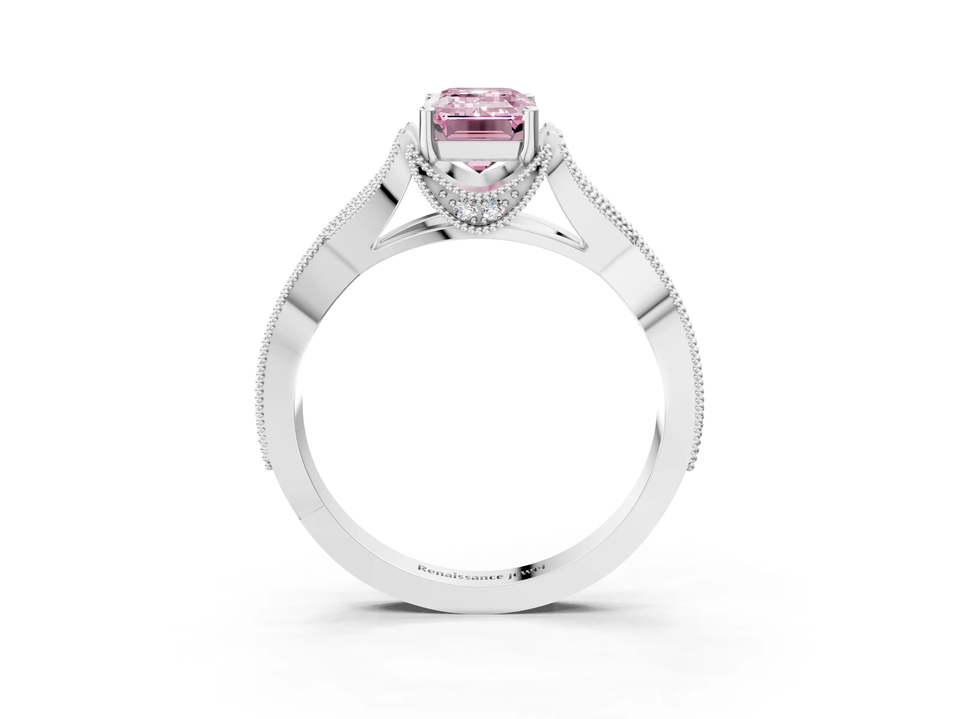White gold Fancy Pink Emerald Cut Cut Diamond Twisted Band with Milgrain Pave Setting and Four-Prong Setting_15